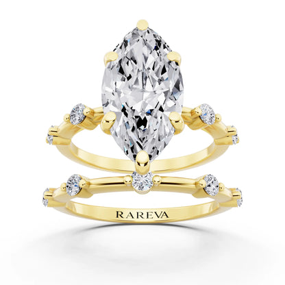 18 KT Yellow Gold Marquise Cut Diamond Ring with Floating Accent Band - front view