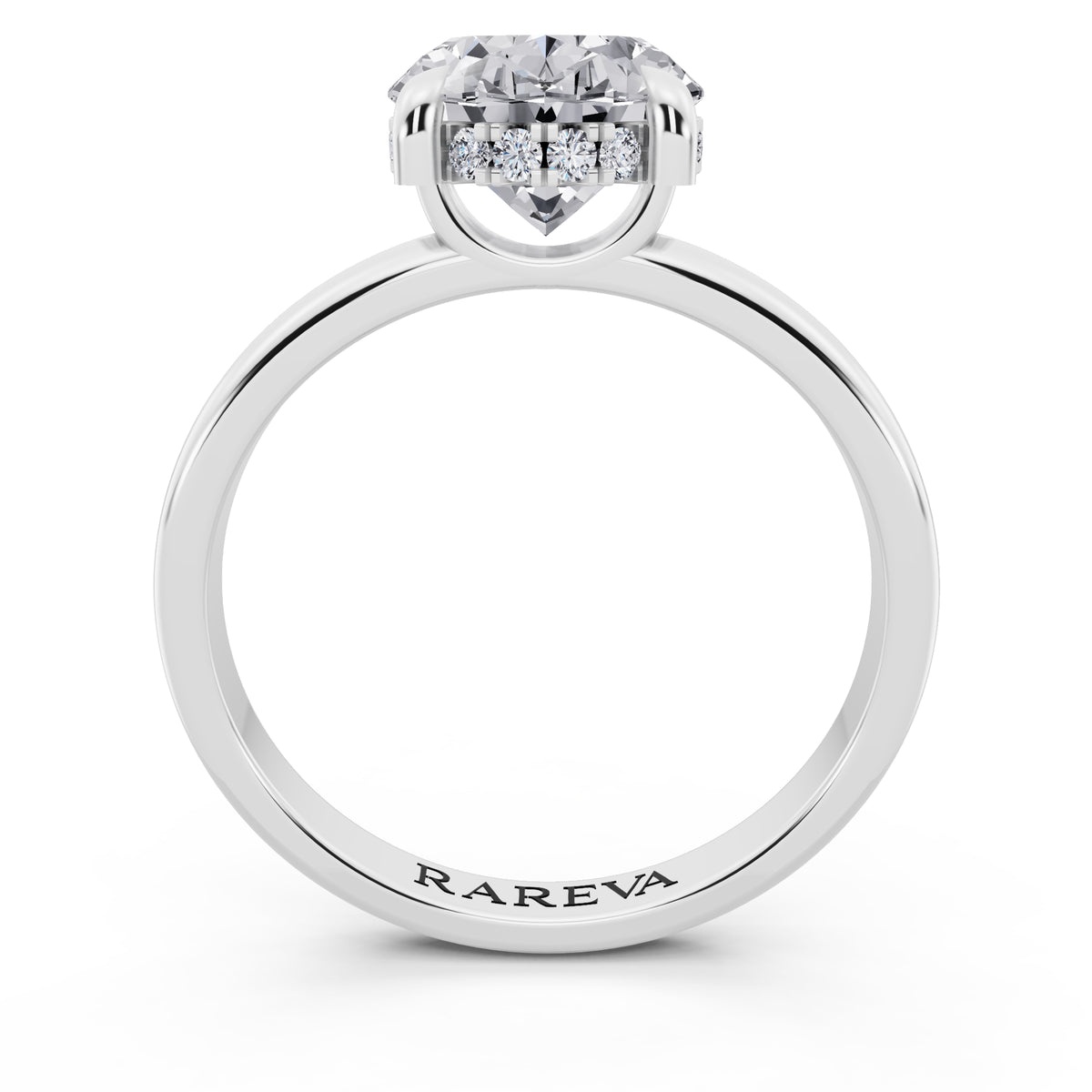 Platinum Oval Cut Diamond Solitaire Ring with Hidden Halo - through finger