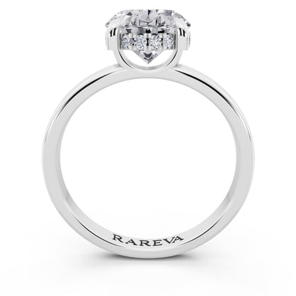 Platinum Oval Cut Diamond Solitaire Ring with Hidden Halo - through finger