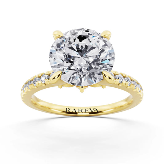 14 KT Yellow Gold Round Cut Diamond Solitaire Ring with Marquise Collar - front view