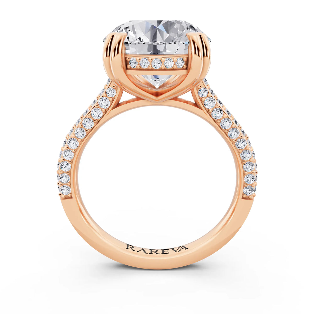 14 KT Rose Gold Round Cut Diamond Hidden Halo Double Claw Pave Band Ring - through finger