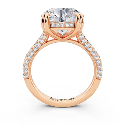 14 KT Rose Gold Round Cut Diamond Hidden Halo Double Claw Pave Band Ring - through finger