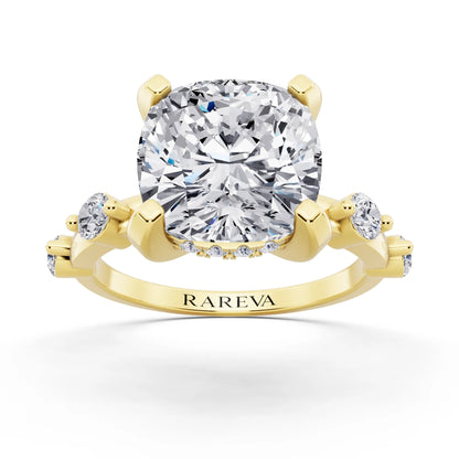 18 KT Yellow Gold Cushion Cut Diamond Solitaire Ring with Floating Diamond Accents - front view