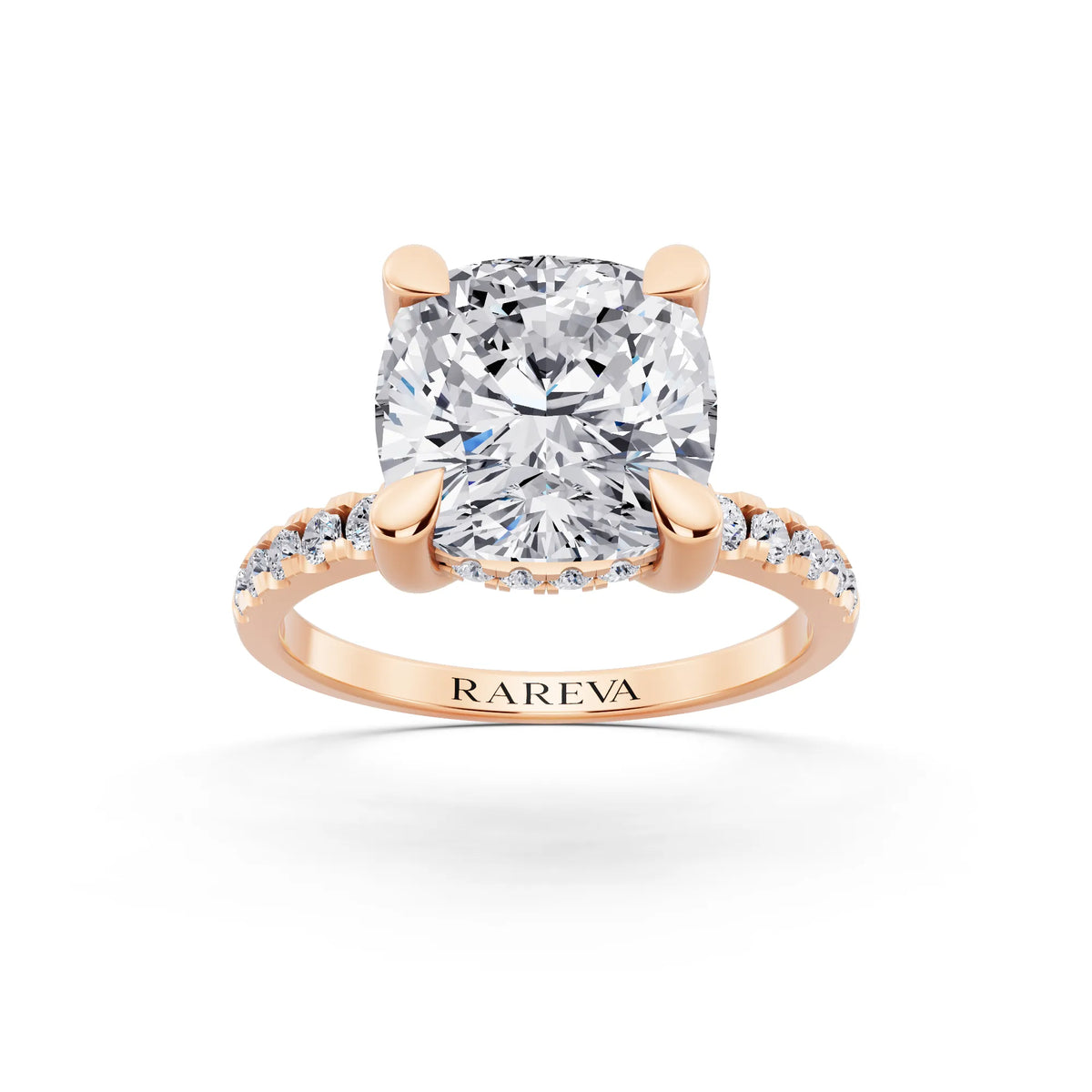 18 KT Rose Gold Cushion Cut Diamond Solitaire Ring with Round Pavé Band and Prong Setting - front view