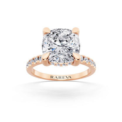 18 KT Rose Gold Cushion Cut Diamond Solitaire Ring with Round Pavé Band and Prong Setting - front view