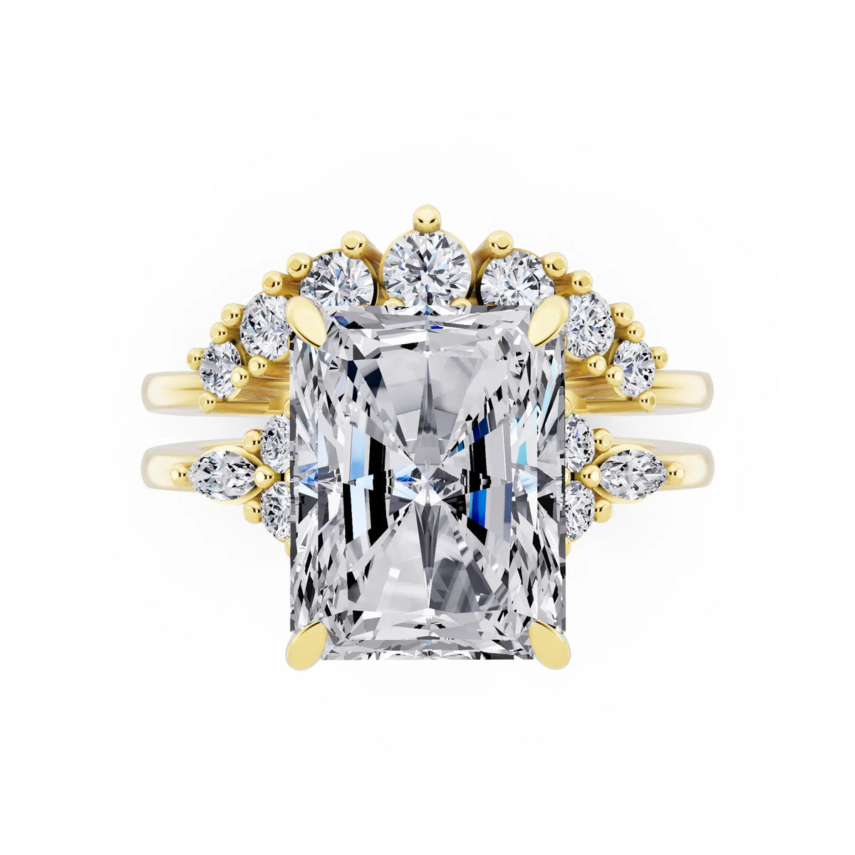 18 KT Yellow Gold Radiant Cut Diamond Ring with Curved Cluster Band - top angle