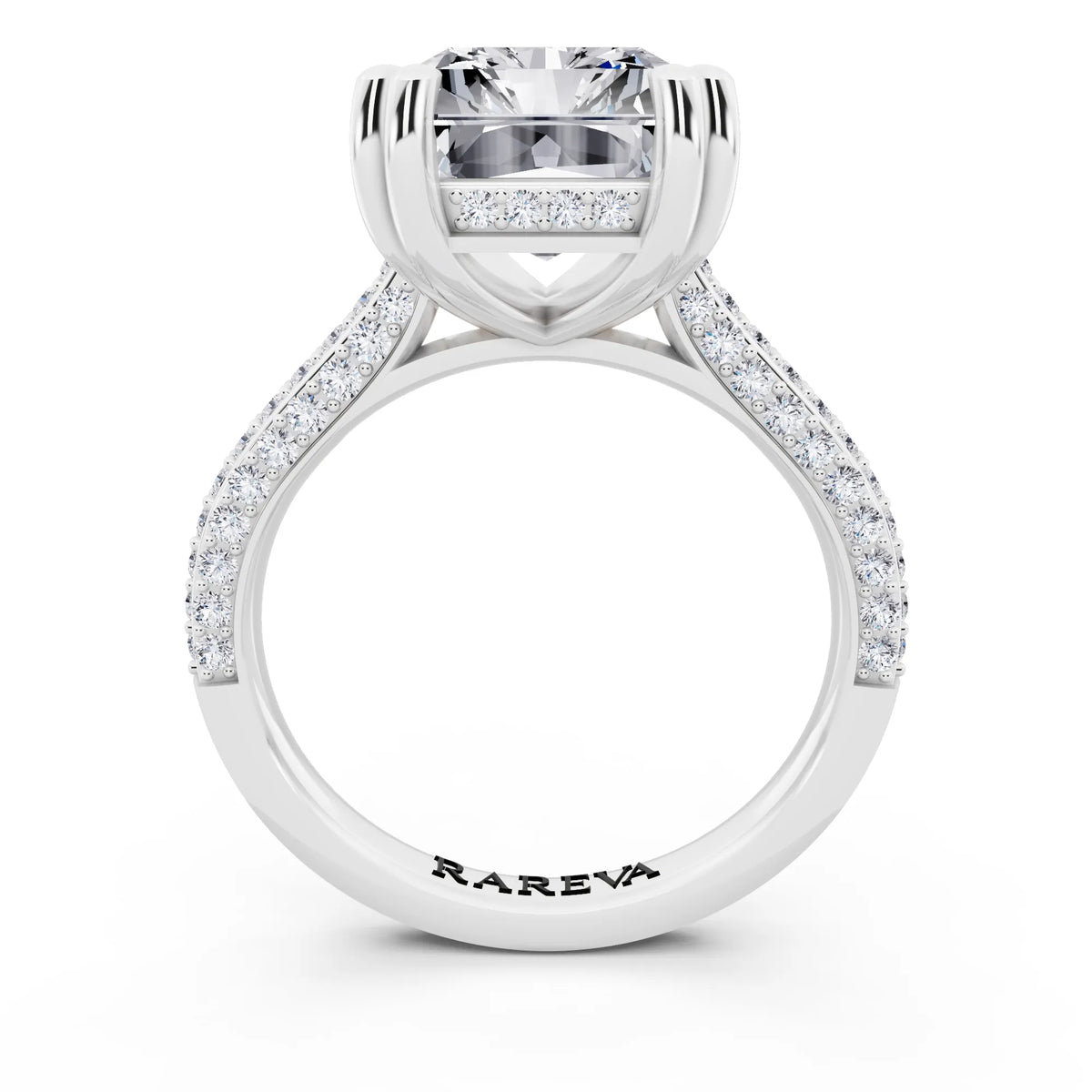 14 KT White Gold Radiant Cut Diamond Hidden Halo Double Claw Pave Band Ring - through finger