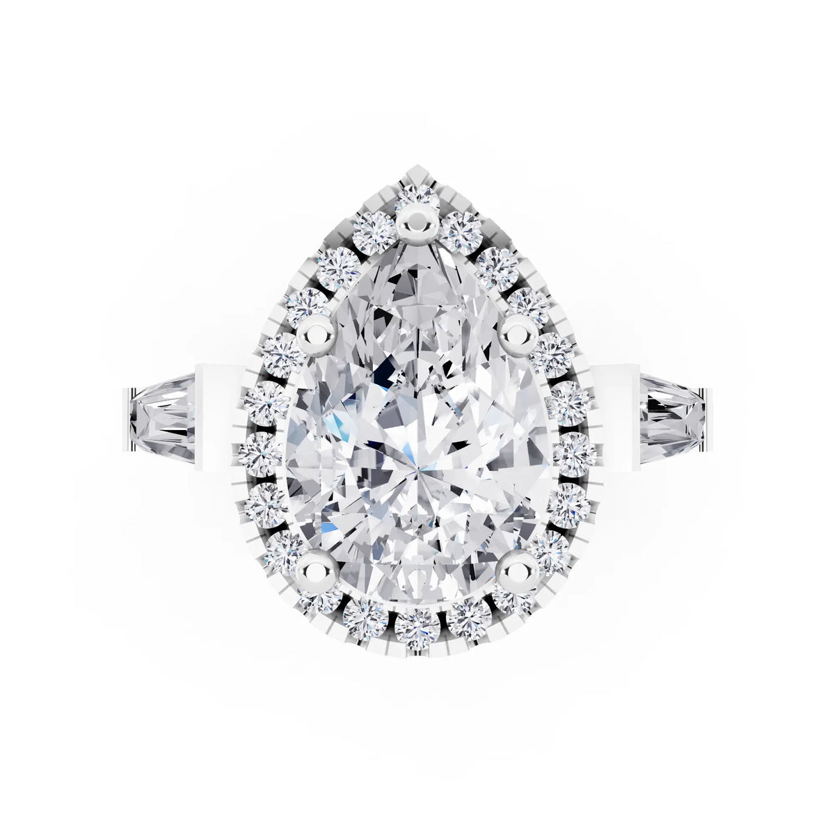 14 KT White Gold Pear Cut Diamond Halo Ring with Baguette Accents - top angle