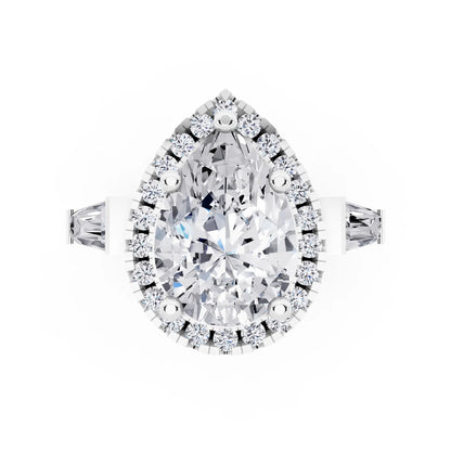 14 KT White Gold Pear Cut Diamond Halo Ring with Baguette Accents - top angle