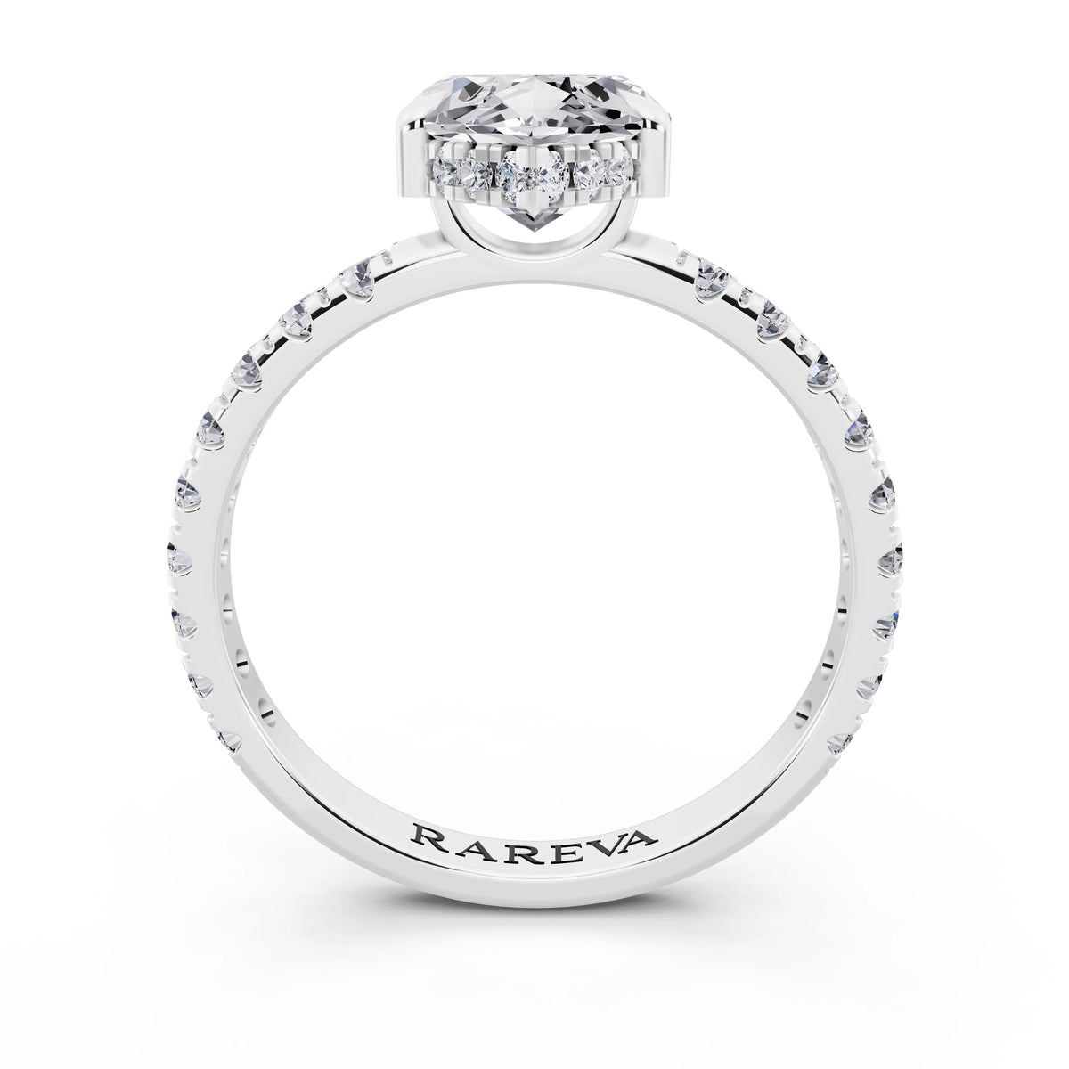 Platinum Marquise Cut Diamond Solitaire Ring with Hidden Halo and French Pave Band - through finger
