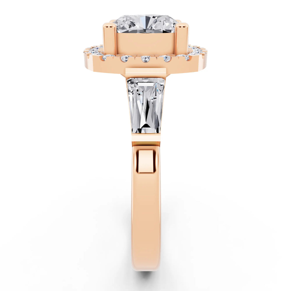 14 KT Rose Gold Cushion Cut Diamond Halo Ring with Baguette Accents - side view