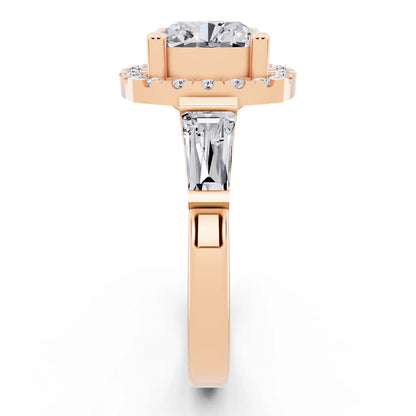 14 KT Rose Gold Cushion Cut Diamond Halo Ring with Baguette Accents - side view