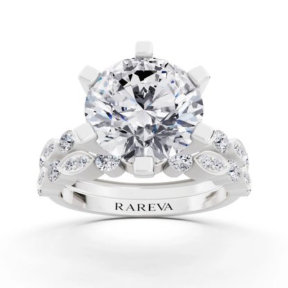 14 KT White Gold Round Cut Diamond Solitaire Ring with Marquise Motif Band - Front