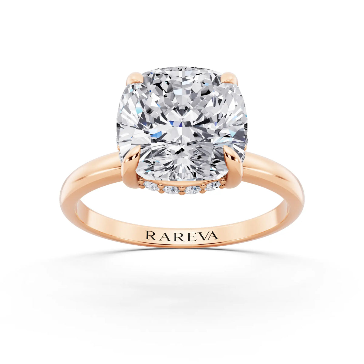 14 KT Rose Gold Cushion Cut Diamond Hidden Halo Solitaire Ring - front view