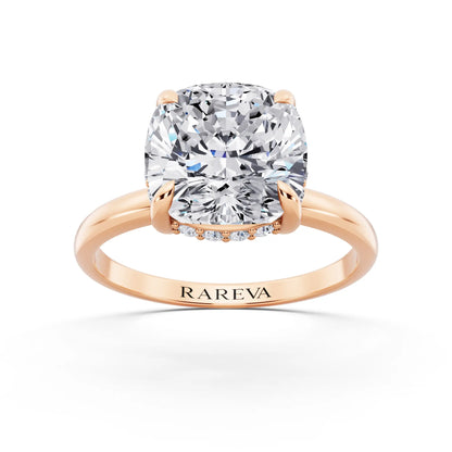 14 KT Rose Gold Cushion Cut Diamond Hidden Halo Solitaire Ring - front view