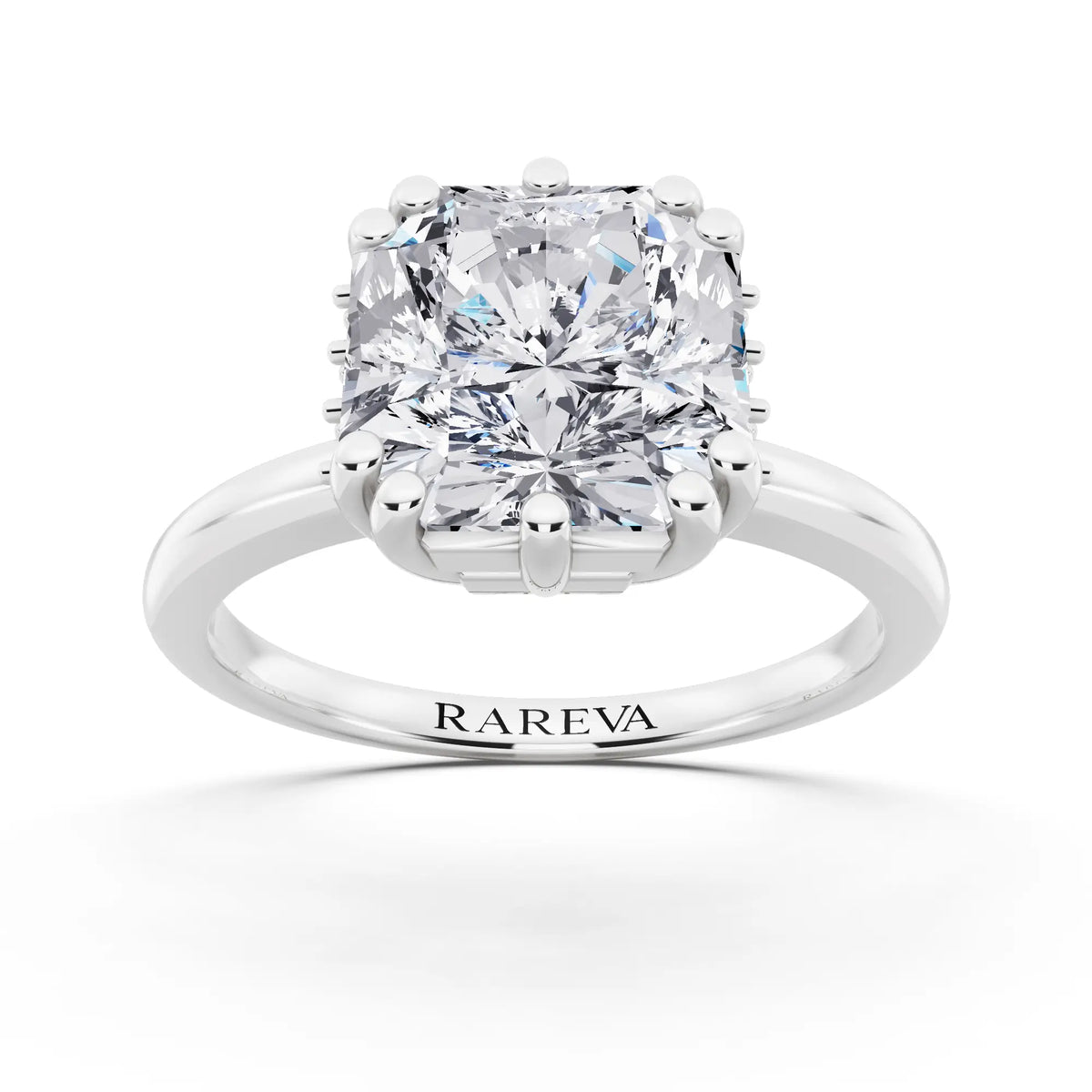 18 KT White Gold Asscher Cut Diamond Solitaire Ring with Hidden Accent Basket - front view