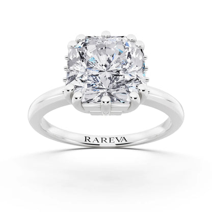 18 KT White Gold Asscher Cut Diamond Solitaire Ring with Hidden Accent Basket - front view