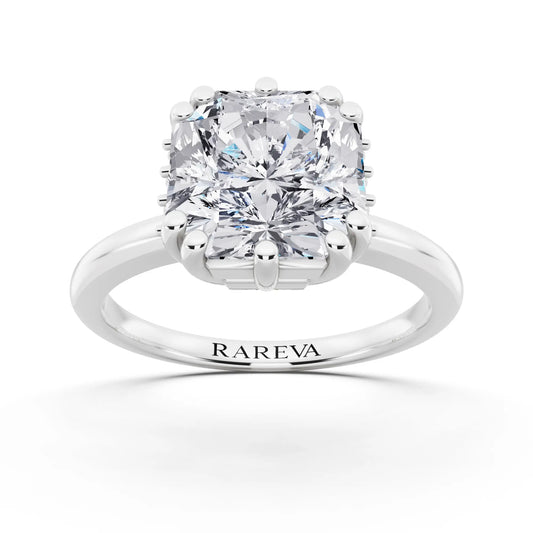 18 KT White Gold Asscher Cut Diamond Solitaire Ring with Hidden Accent Basket - front view