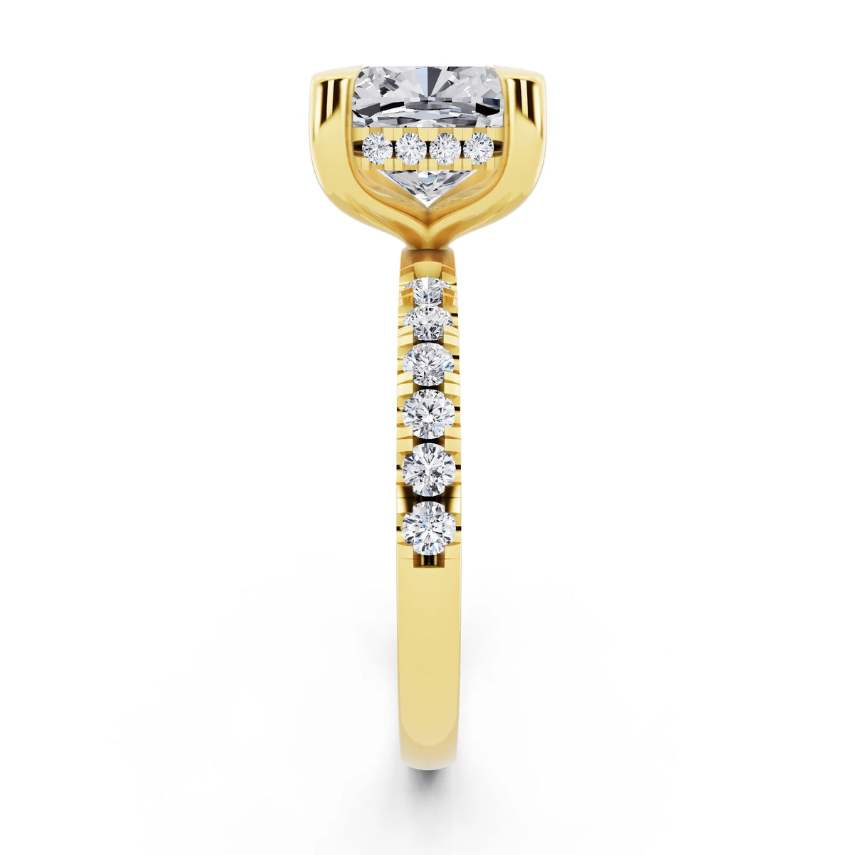 14 KT Yellow Gold Cushion Cut Diamond Solitaire Ring with Round Pavé Band and Prong Setting - side view