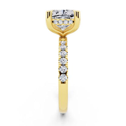 14 KT Yellow Gold Cushion Cut Diamond Solitaire Ring with Round Pavé Band and Prong Setting - side view