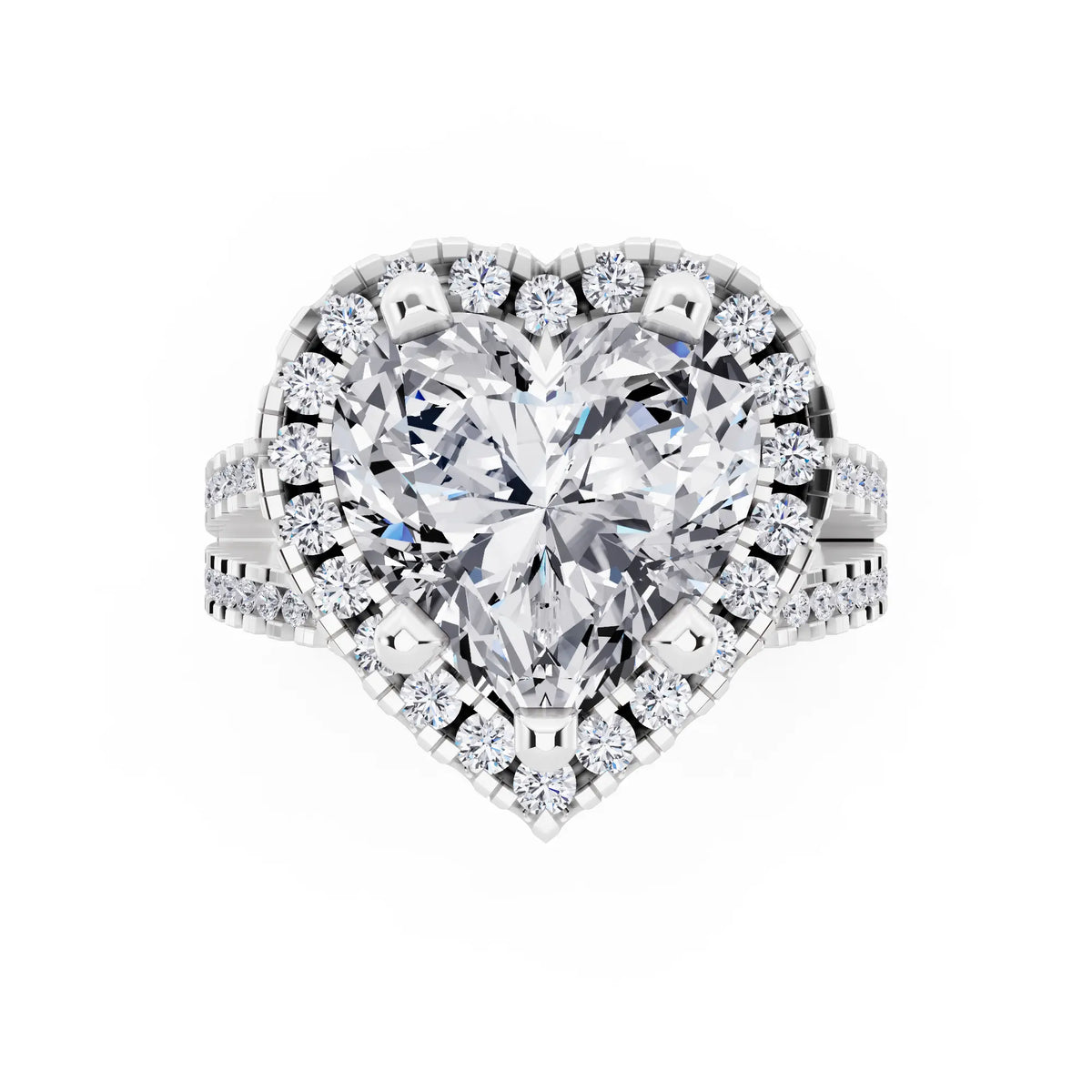 14 KT White Gold Heart Cut Diamond Halo Ring with Pave Split Shank - top angle