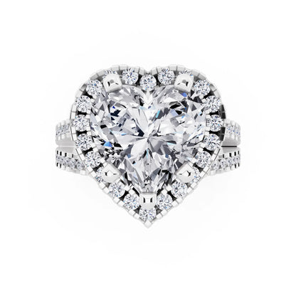 14 KT White Gold Heart Cut Diamond Halo Ring with Pave Split Shank - top angle