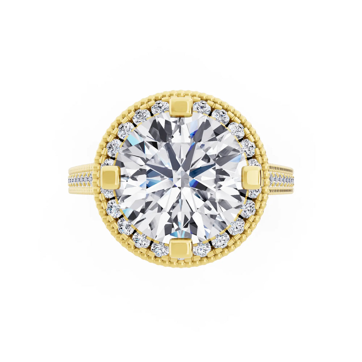 14 KT Yellow Gold Round Cut Diamond Vintage Halo Ring with Milgrain Band - Top down