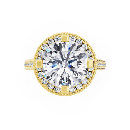 14 KT Yellow Gold Round Cut Diamond Vintage Halo Ring with Milgrain Band - Top down