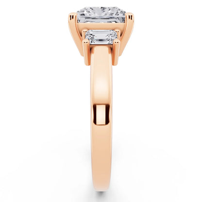 14 KT Rose Gold Princess Cut Diamond Three Stone Emerald Accent Ring - side view