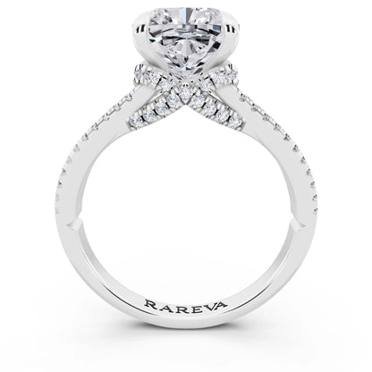 Platinum Cushion Cut Diamond Ring with Pavé Split Shank - through finger
