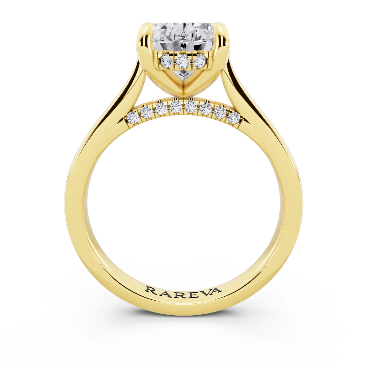 18 KT Yellow Gold Oval Cut Diamond Solitaire Ring with Cathedral Band - through finger