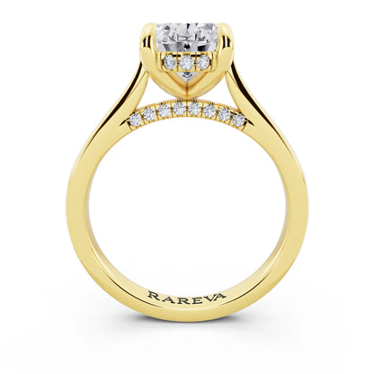 18 KT Yellow Gold Oval Cut Diamond Solitaire Ring with Cathedral Band - through finger