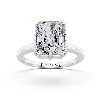 18 KT White Gold Radiant Cut Diamond Solitaire Ring with Hidden Accent Basket - front view