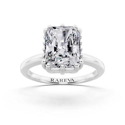 18 KT White Gold Radiant Cut Diamond Solitaire Ring with Hidden Accent Basket - front view
