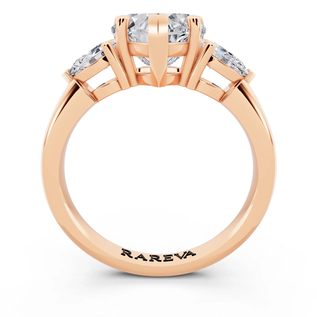 18 KT Rose Gold Heart Cut Diamond Three Stone Pear Accent Ring - through finger