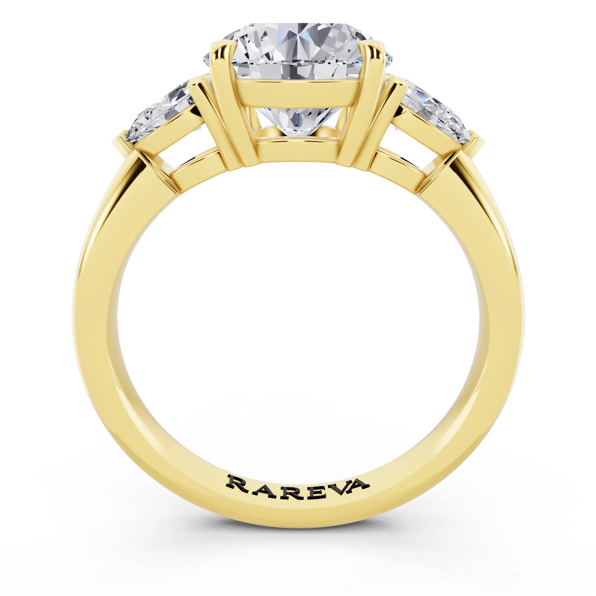 18 KT Yellow Gold Round Cut Diamond Three Stone Pear Accent Ring - through finger