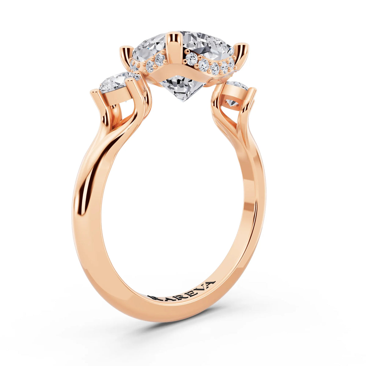 18 KT Rose Gold Cushion Cut Diamond Three Stone Engagement Ring with Hidden Halo - top view
