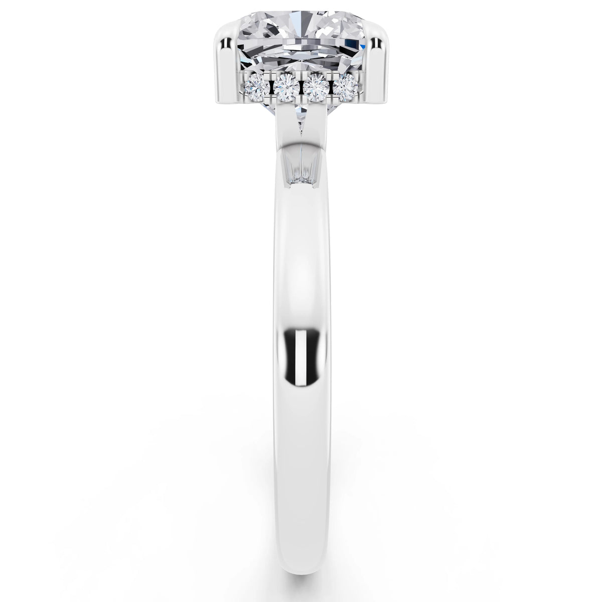 18 KT White Gold Cushion Cut Diamond Solitaire Ring with Hidden Halo - side view