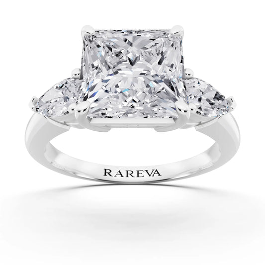 14 KT White Gold Princess Cut Diamond Three Stone Pear Accent Ring - front view
