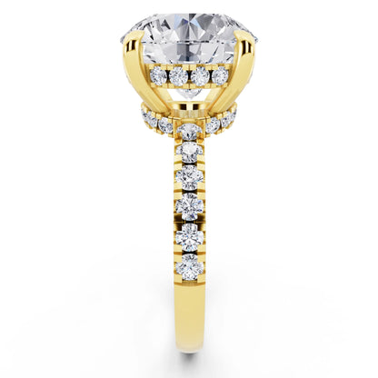 18 KT Yellow Gold Round Cut Diamond Hidden Halo Tiger Prong Pave Band Ring - side view