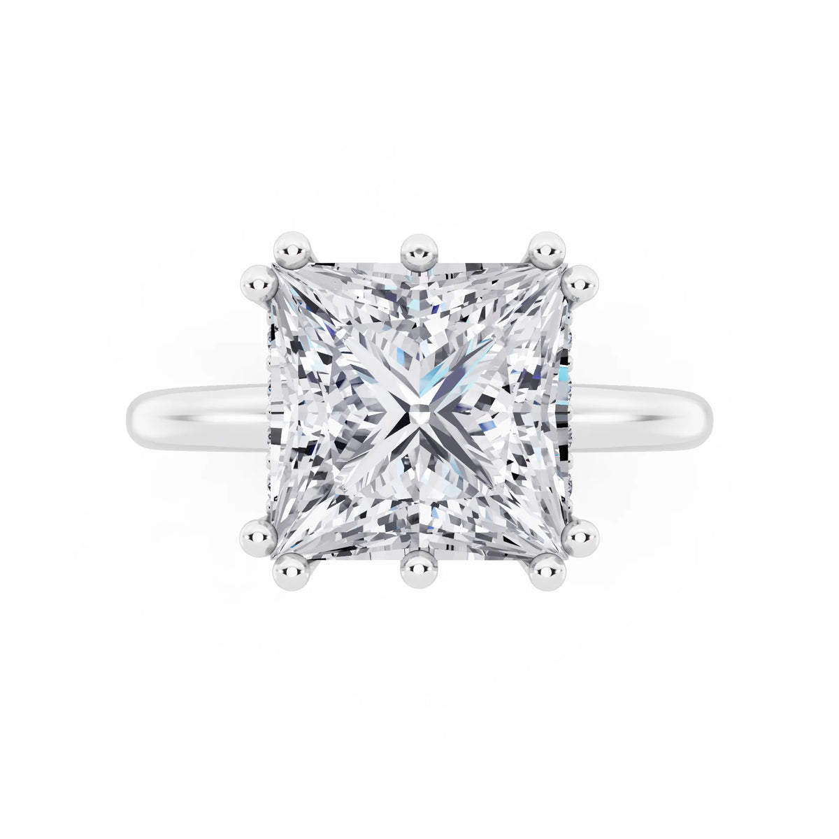 14 KT White Gold Princess Cut Diamond Solitaire Ring with Hidden Accent Basket - top angle