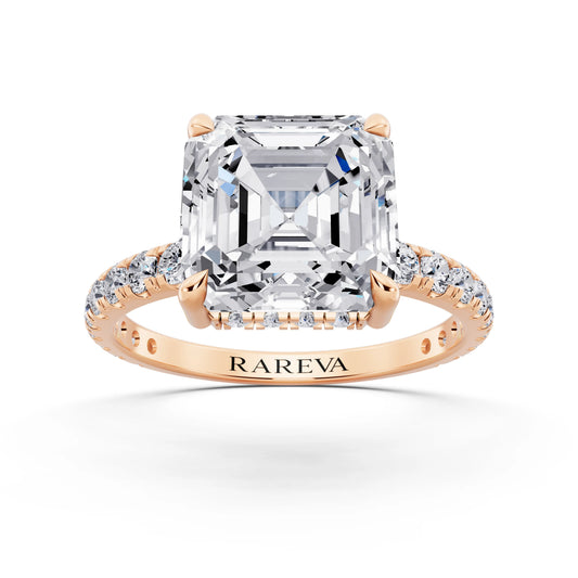14 KT Rose Gold Asscher Cut Diamond Solitaire Ring with Hidden Halo and French Pave Band - front view