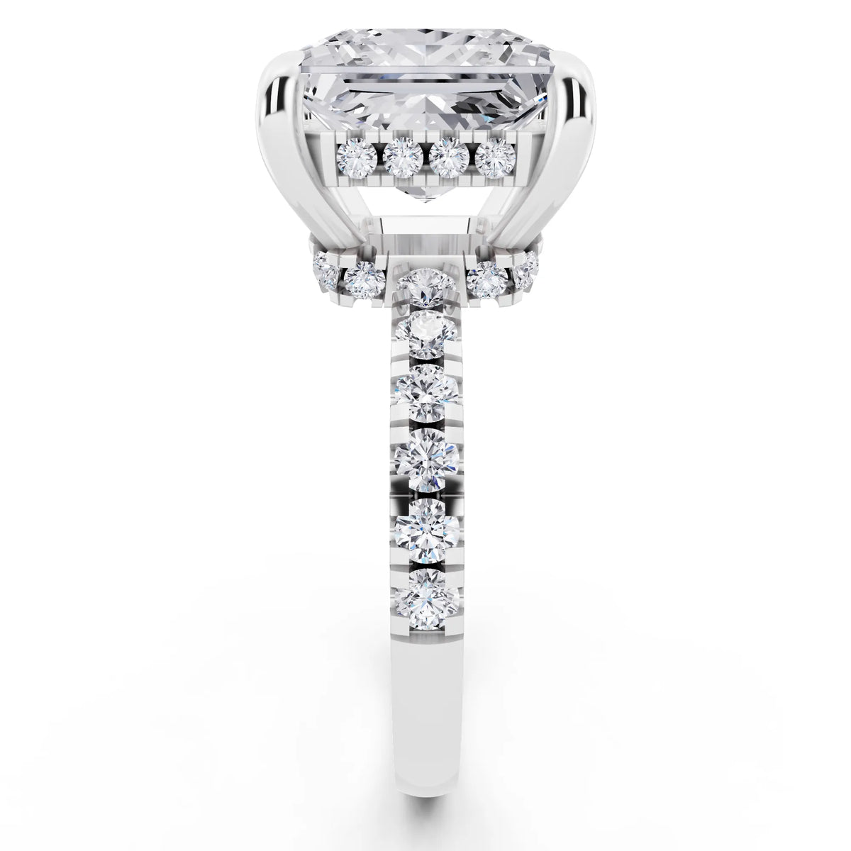 14 KT White Gold Princess Cut Diamond Hidden Halo Tiger Prong Pave Band Ring - side view