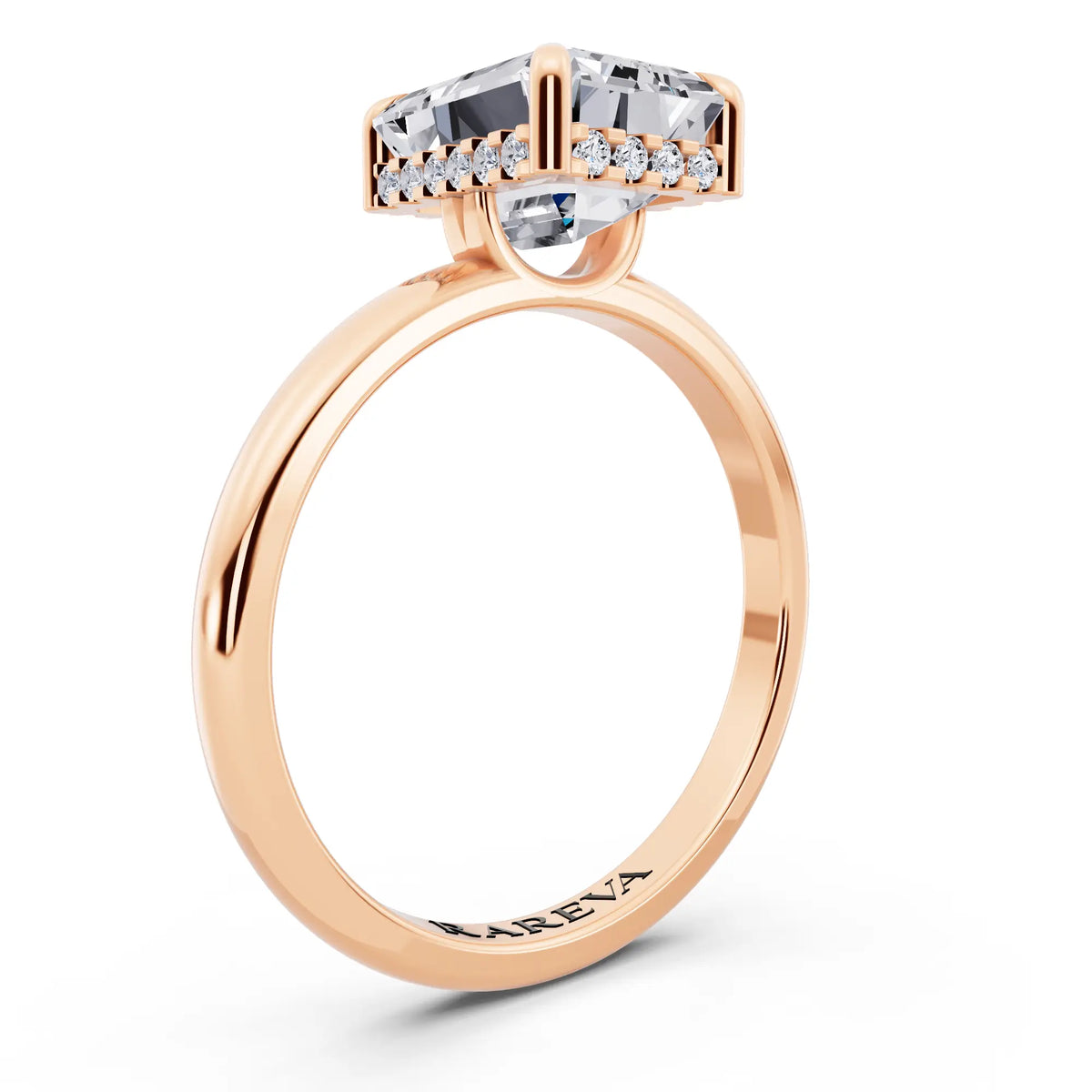 14 KT Rose Gold Emerald Cut Diamond Solitaire Ring with Hidden Halo - top view