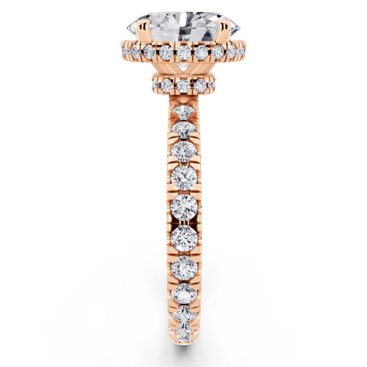 14 KT Rose Gold Oval Cut Diamond Hidden Halo Ring with Pave Band - side view