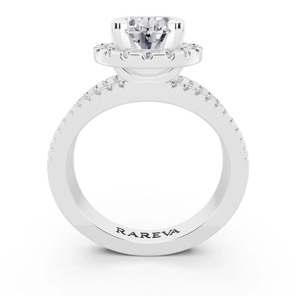 Platinum Oval Cut Diamond Halo Ring with Pave Split Shank - through finger