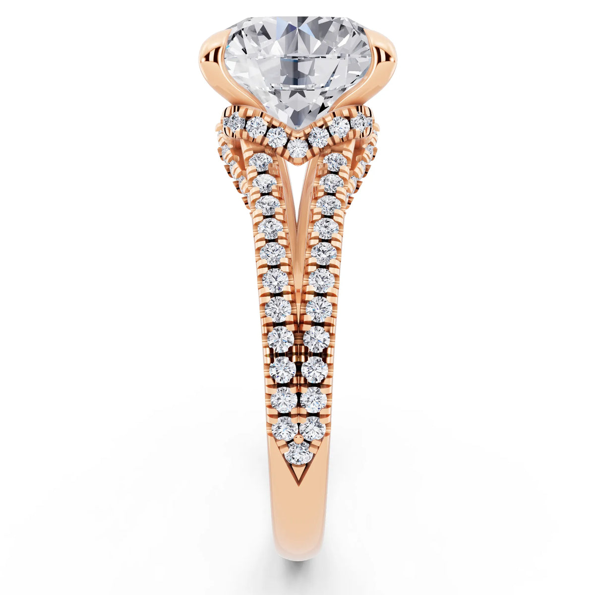 18 KT Rose Gold Round Cut Diamond Ring with Pavé Split Shank - side view