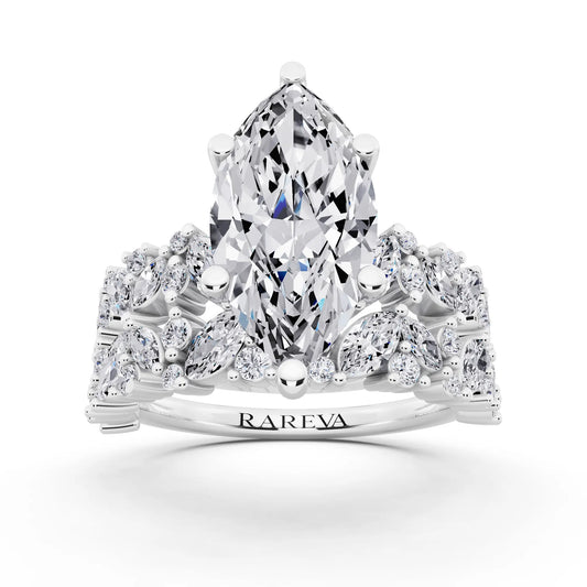Platinum Marquise Cut Diamond Ring with Marquise Cluster Band - front view