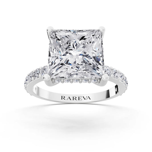 18 KT White Gold Princess Cut Diamond Solitaire Ring with Hidden Halo and Pave Band - front view