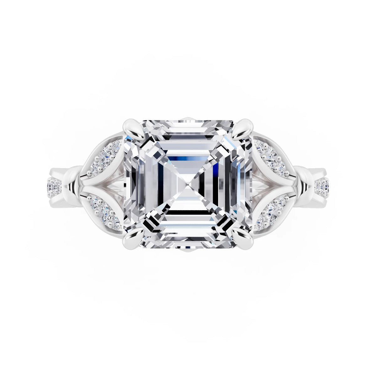 18 KT White Gold Asscher Cut Diamond Ring with Lotus Collar - top angle